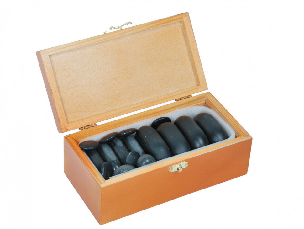 Набор массажных камней 20 шт из базальта в коробке из бамбука НК-4Б