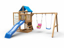 Детская площадка KD1-1 с голубой горкой и крышей, 1 качели лодочка + 1 качели кубельковые